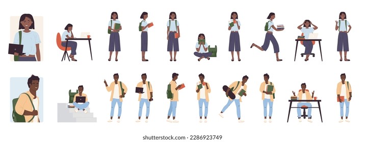 Estudiante de caricatura de piel oscura hembra macho sosteniendo una taza de café, posando con libro para estudiar, caminando, corriendo con patineta aislada. Estudiantes jóvenes hombres y mujeres presentan un conjunto de ilustraciones vectoriales infográficas