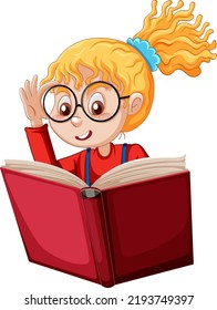 Cartoon student girl reading a book illustration