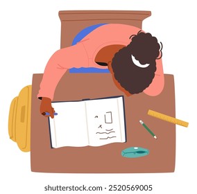 Cartoon Student Girl Resting On A Desk Among Classroom Items, Including A Notebook And Stationery. Top View Scene Captures Relaxed And Peaceful Moment Of Tiredness During Study In A School Environment