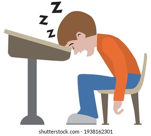A cartoon student has fallen asleep at his desk