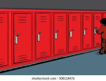 Cartoon of student opening red locker in hallway