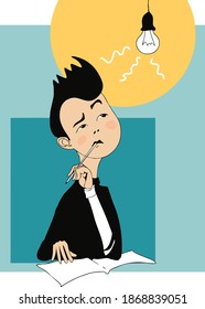 Estudiante de caricatura reflexiona sobre la solución de la tarea. Los pensamientos se encienden como una bombilla de luz sobre su cabeza.