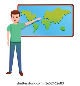  Caricatura de un estudiante muestra un icono global del vector del mapa para el diseño web aislado en fondo blanco