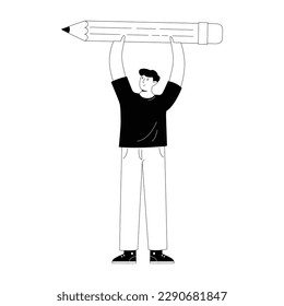 Cartoon student standing with a pencil vector illustration. Stationery shop, social media. Education, drawing, writing concept. 