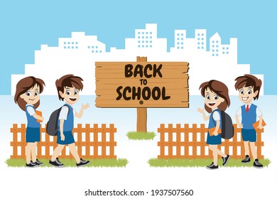Cartoon students began to back to school