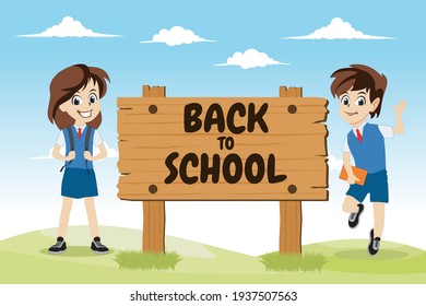 Cartoon students began to back to school