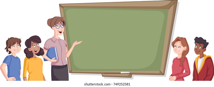 Cartoon students in classroom with teacher. 