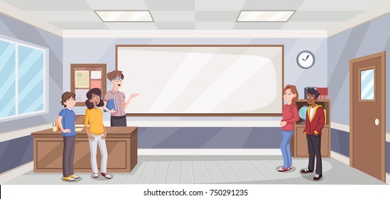 Cartoon students in classroom with teacher. School building.
