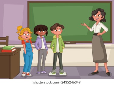 Cartoon students in classroom with teacher. Teenagers in school.