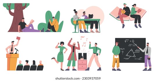 Cartoon students. College scenes. International guys and girls study in university. People read books or relax. Teenagers listen to lectures. Classmates party. Vector