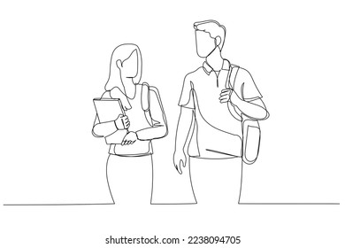 Cartoon of students couple spending time together in the campus park. One line art style
