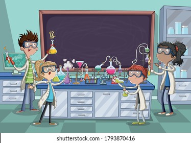Cartoon students doing research with chemical fluid in the laboratory. Chemistry Classroom.
