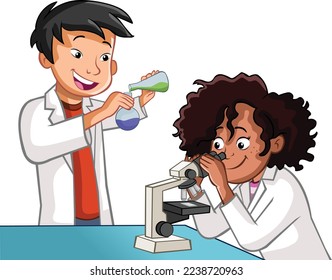 Cartoon students doing research with chemical fluid and microscope in the laboratory. Chemistry Classroom.