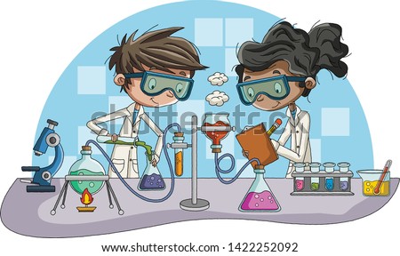 Cartoon students doing research with chemical fluid in the laboratory. Chemistry Classroom.