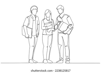 Cartoon of students friends standing together. One line art style
