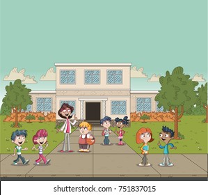 Cartoon students in front of school building.