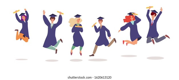 Cartoon Students In Graduation Cap And Gown Jumping In Air - Set Of Happy Jump Of Young People Holding University Graduate Diplomas In Paper Scroll. Flat Isolated Vector Illustration.