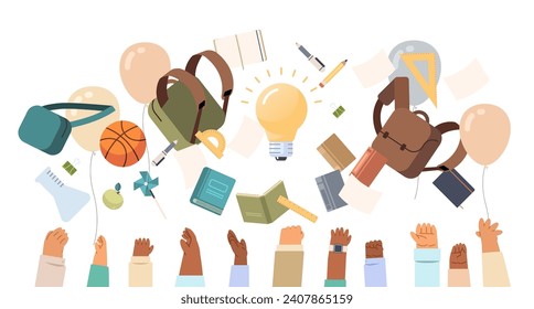 Cartoon students hands throwing school objects into the air on isolated background. End of school year flat vector illustration