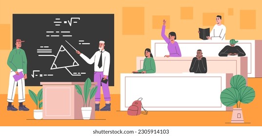 Cartoon students listen lecture. Auditorium with professor and listeners. Guy answers at blackboard. Math lesson. Classmates sitting at class desks. University education