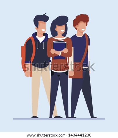 Cartoon Students Look for Cheap Flat, Apartment or Room for Rent. Happy Smiling Male and Female Characters, Young People Group Stand Isolated on White. Flatsharing, Share Housing. Vector Illustration