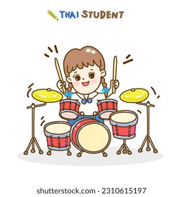 Cartoon students playing drums vector.