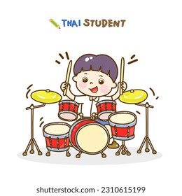 Cartoon students playing drums vector.