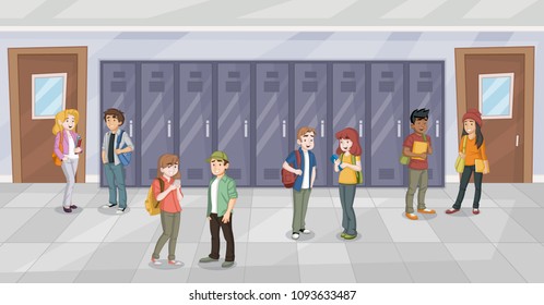 Cartoon students in school corridor. Teenagers.