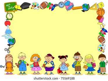 Cartoon students and school subjects, banner frame