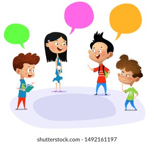 Cartoon students talking outdoors of school. Vector illustration