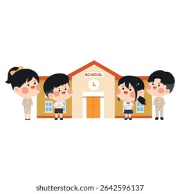 Cartoon Students and Teachers in Front of School primary