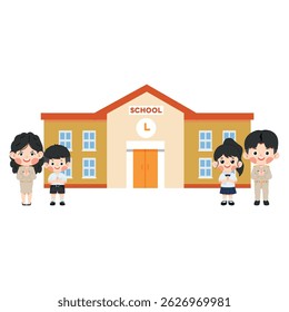 Cartoon Students and Teachers Greeting at School primary