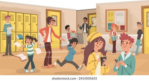 Cartoon students and teachers in school corridor.