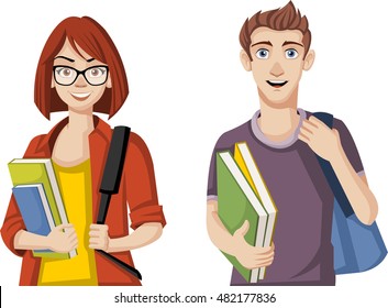Cartoon students. Teenager couple with backpacks and books.
