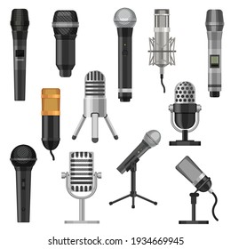 Cartoon Studio Microphones. Broadcast, Voice And Music Audio Recording Equipment. Karaoke Mic And Vintage Radio Microphone Flat Vector Set