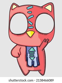 cartoon stuffed cat with big eyes standing with one hand raised up
