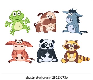 Cartoon stuffed toys isolated on white background. Animals set. Frog, dog, donkey, cow, panda, raccoon.