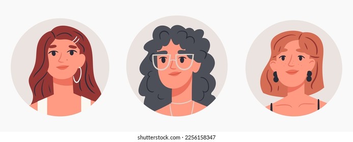 Cartoon stunning women portraits. Girls avatars, young female faces, cute female characters flat vector illustration set on white background