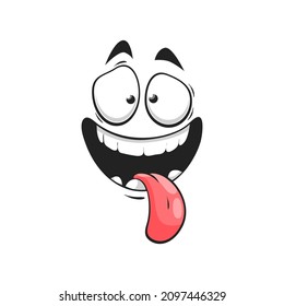 Cartoon stupid face, happy smile vector emoji with open mouth and long sticking tongue. Joyful facial expression with goggle eyes. Funny glad character, positive feelings isolated on white background