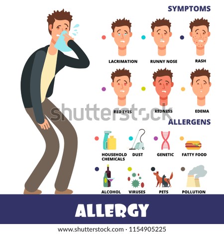 Cartoon stye vector allergy infographics with allergens and allergy symptoms. Symptom allergic red eyes and itchy, allergy seasonal illustration