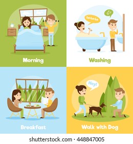 Cartoon style 2x2 compositions of people daily life presenting morning washing breakfast and walking with dog vector illustration