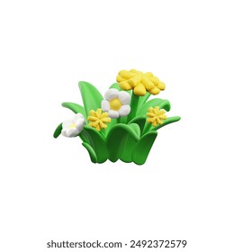 Cartoon style 3D vector illustration of a vibrant green grass bush decorated with delicate yellow and white flowers, perfect for a fresh spring design. Insulated for ease of use.