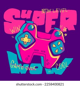 Cartoon style 80s girlish Gamepad illustration with text Super wow, new level, win, cool, game over. Gaming poster in neon pink, blue colors on dark purple background. Gamer t shirt design.