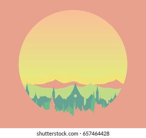 cartoon style abstract  vector illustration of town and hills