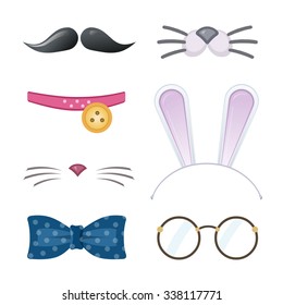 Cartoon style accessories (mustache, glasses, collar, cat nose, bow tie, bunny ears). Vector illustration.