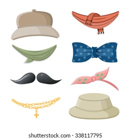 Cartoon style accessories (tie, chain, panama hat, cap, bow tie, scarf). Vector illustration.