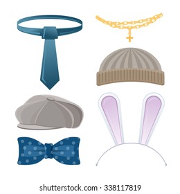Cartoon style accessories (tie, chain, hat, cap, bow tie, bunny ears). Vector illustration.