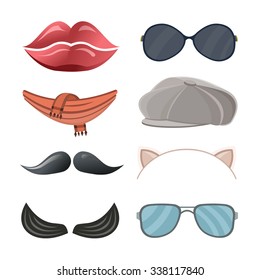Cartoon style accessories (tie, lips, sunglasses, cap, cat ears, scarf). Vector illustration.