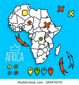 Cartoon Style Africa Travel Map With Pins Vector Illustration