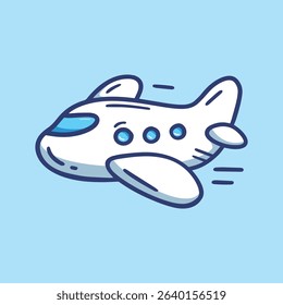 Cartoon style airplane flying through the sky with a clean blue background. Simple, playful design perfect for travel, transport, education, and aviation themed creative projects.