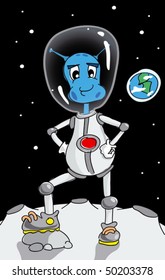 Cartoon style alien on the moon  illustration